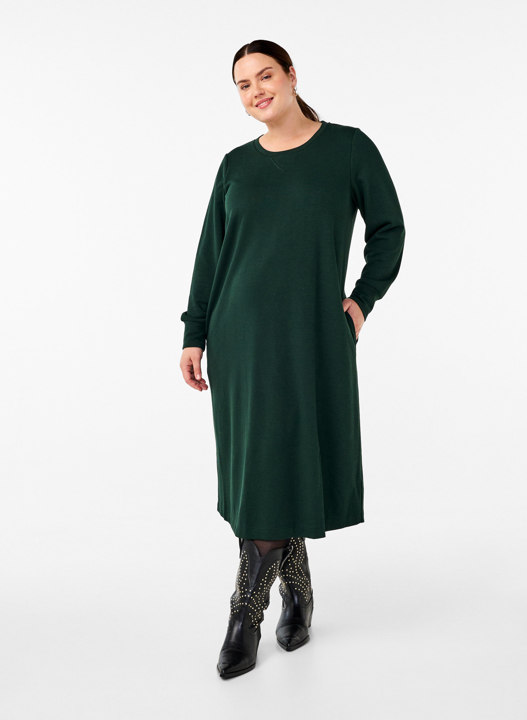 Robe sweat en coton avec des poches, Vert fonc&eacute;, Model