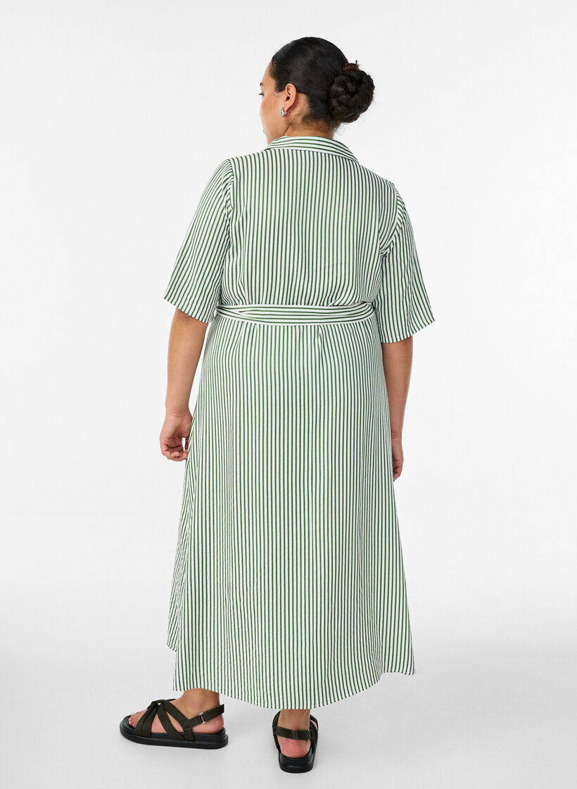 Robe-chemise longue jusqu&rsquo;aux chevilles avec ceinture &agrave; nouer et rayures, Vert clair, Model image number 1