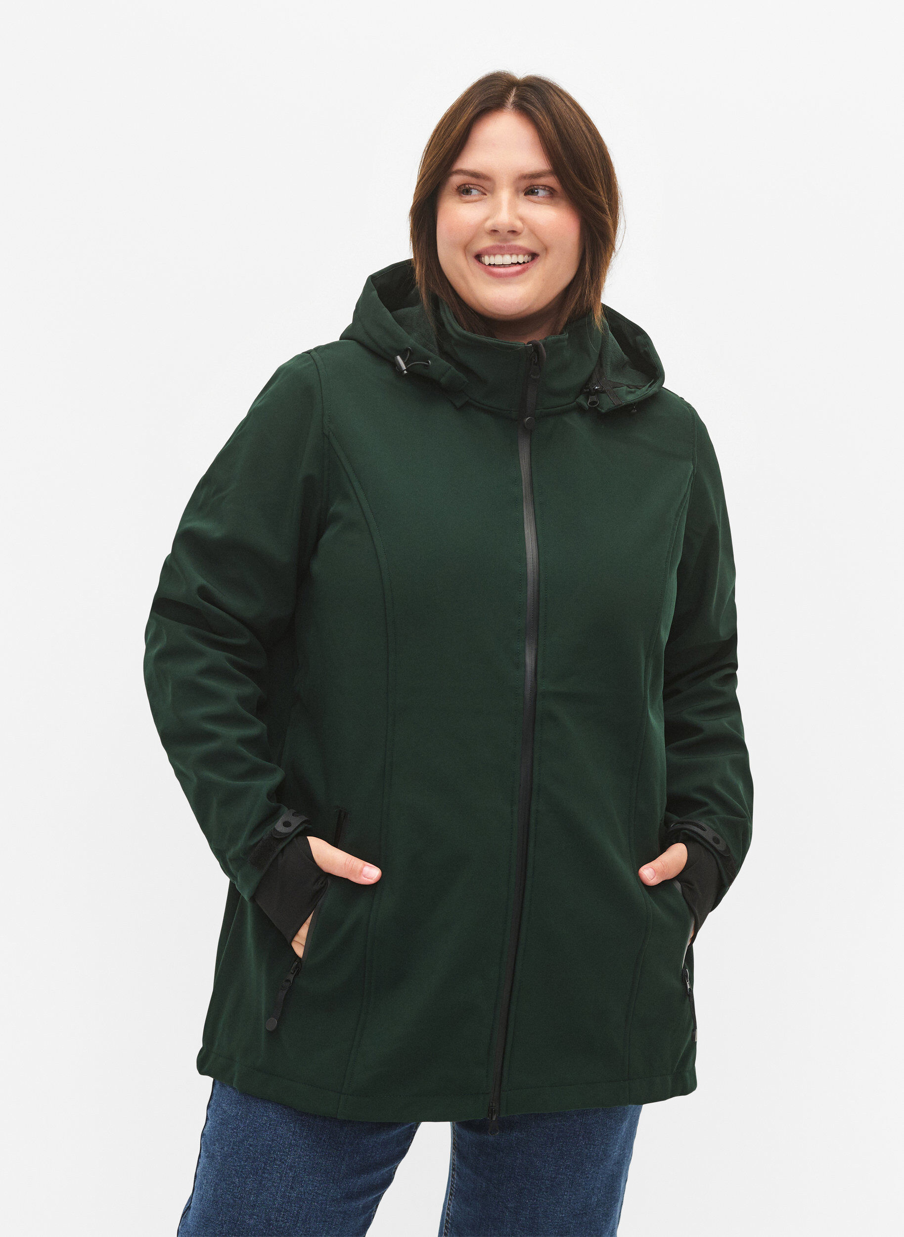 Zizzi Veste softshell courte avec capuche amovible, Vert fonc&eacute;, Model image number 0