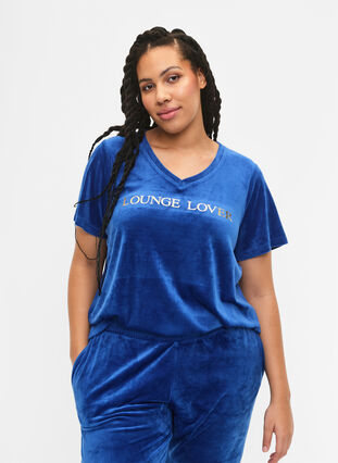 T-shirt en velours avec un col en V, Monaco Blue, Model image number 0