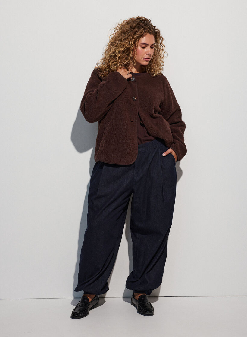 Veste teddy &agrave; col rond boutonn&eacute;e, Marron, Model image number 1