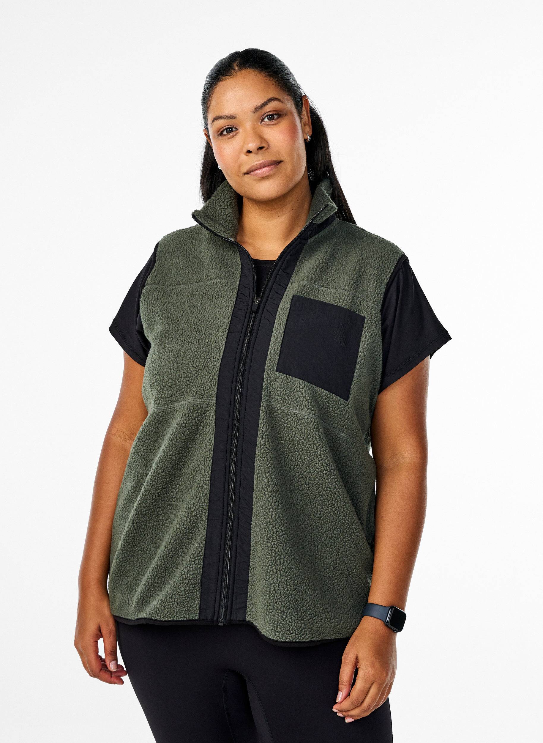Zizzi Gilet teddy sportif avec des poches, Thyme, Model image number 0