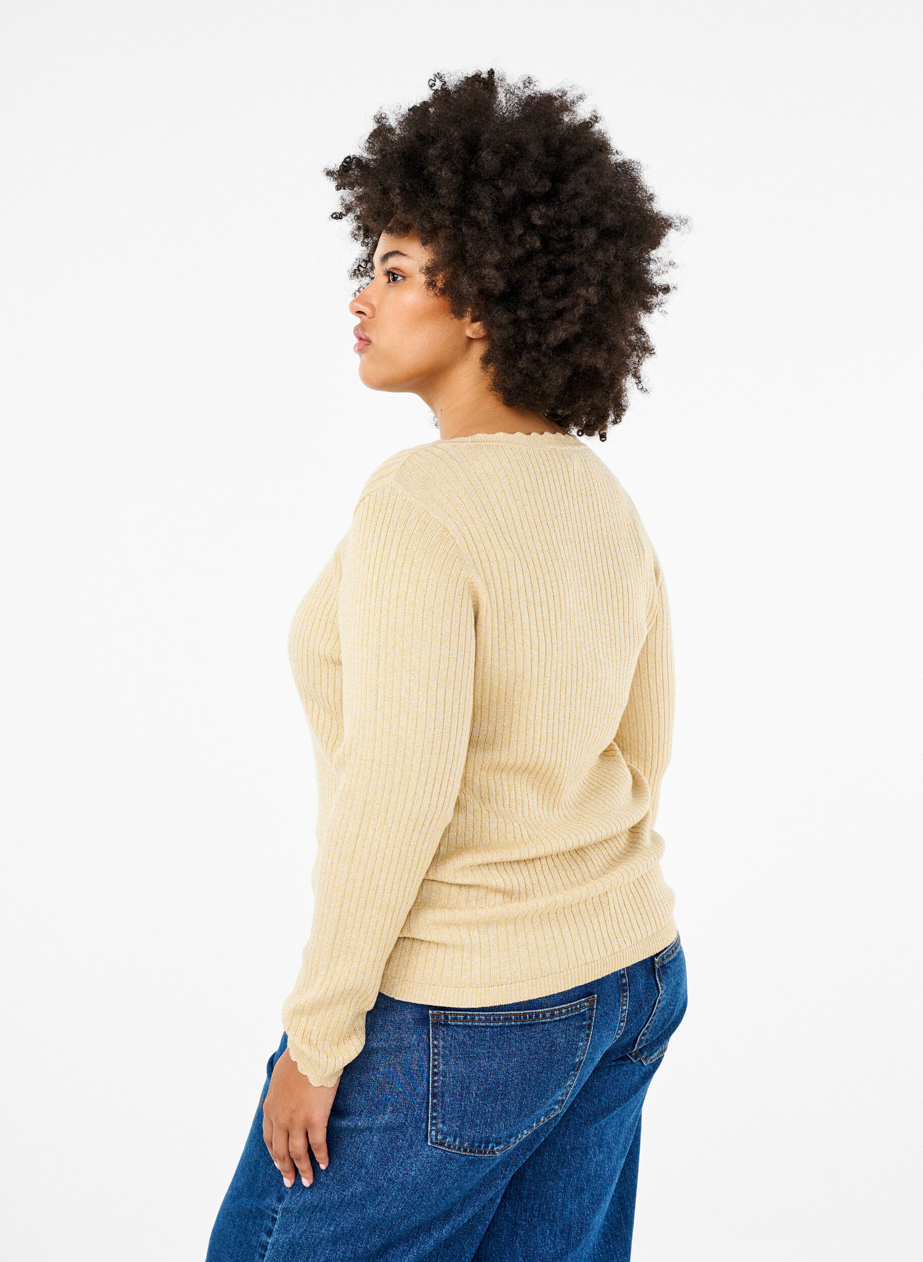 Zizzi Chemisier en maille ajust&eacute; avec fil &agrave; paillettes, Beige, Model image number 2