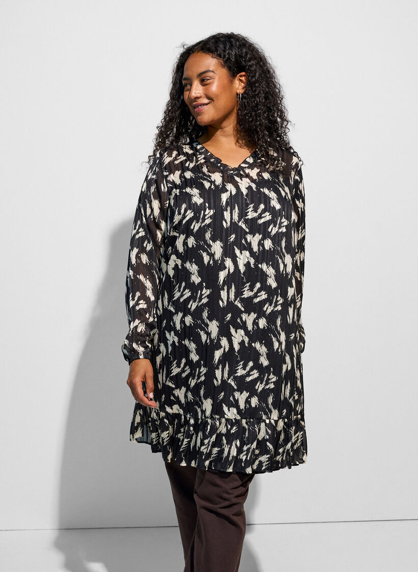 Robe &agrave; motifs avec volants et manches longues, Noir, Model image number 3