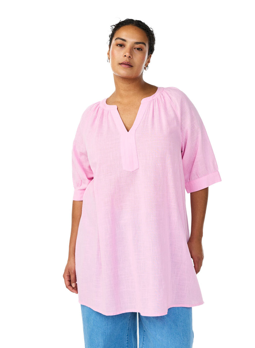 Tunique en coton avec un col en V, Rose, Model image number 3