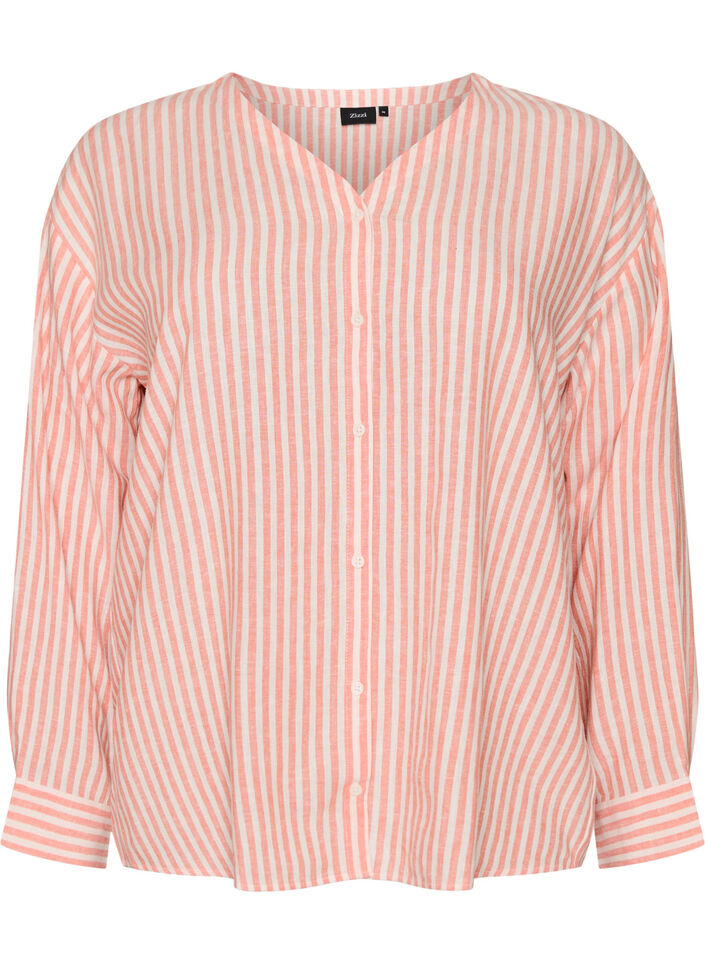 Blouse en lin et viscose avec col en V, Corail, Packshot image number 0