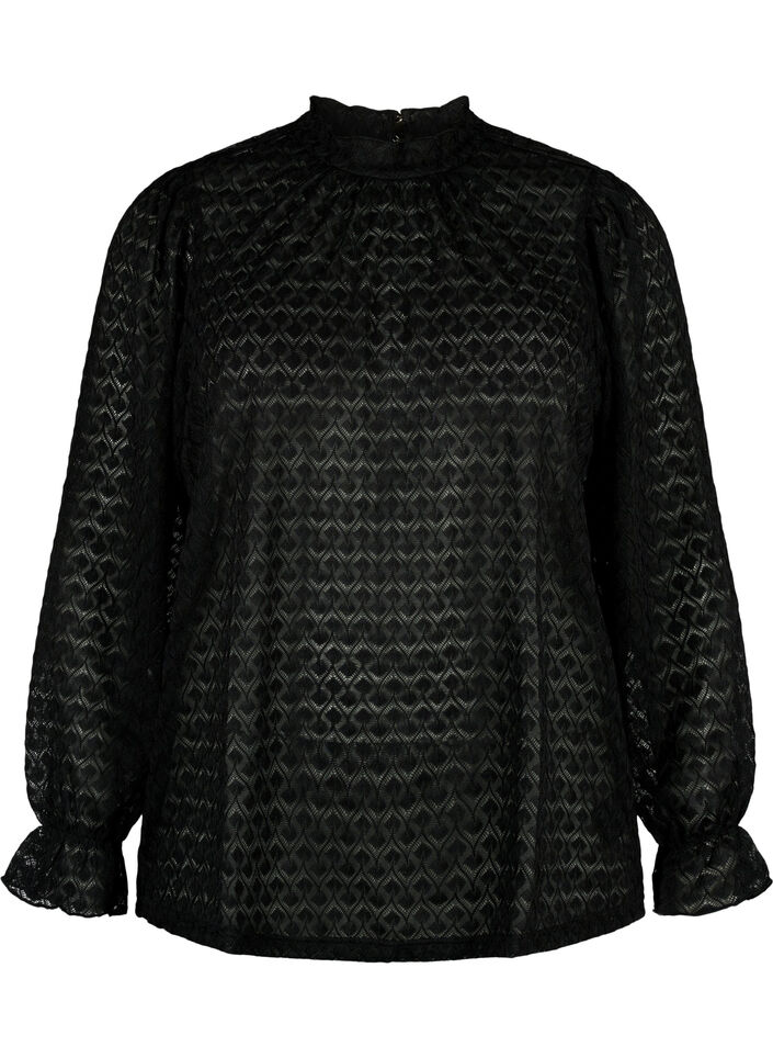  Blouse à manches longues avec texture à motifs, Black, Packshot image number 0