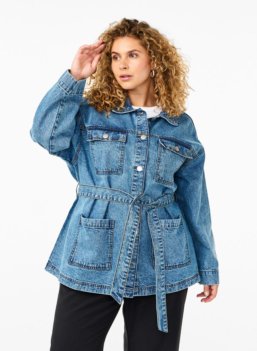 Veste en jean avec une ceinture à nouer, Blue Denim, Model image number 0