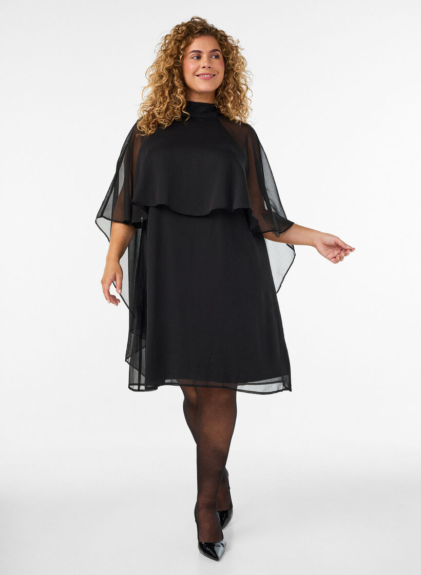 Robe mi-longue en mousseline avec cape transparente, Noir, Model image number 1