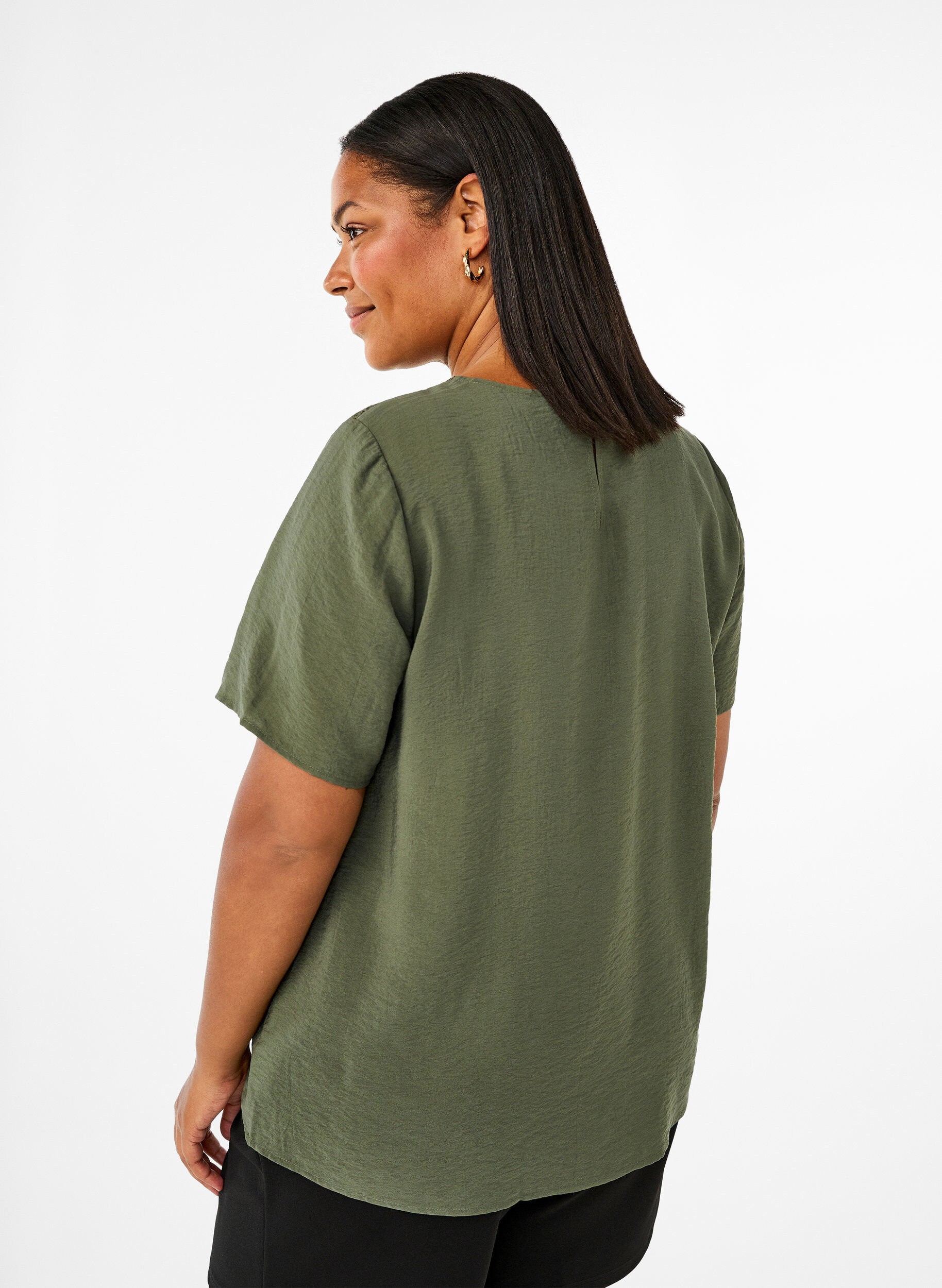 Zizzi Chemisier &agrave; manches courtes en viscose avec d&eacute;tail en dentelle, Thyme, Model image number 1