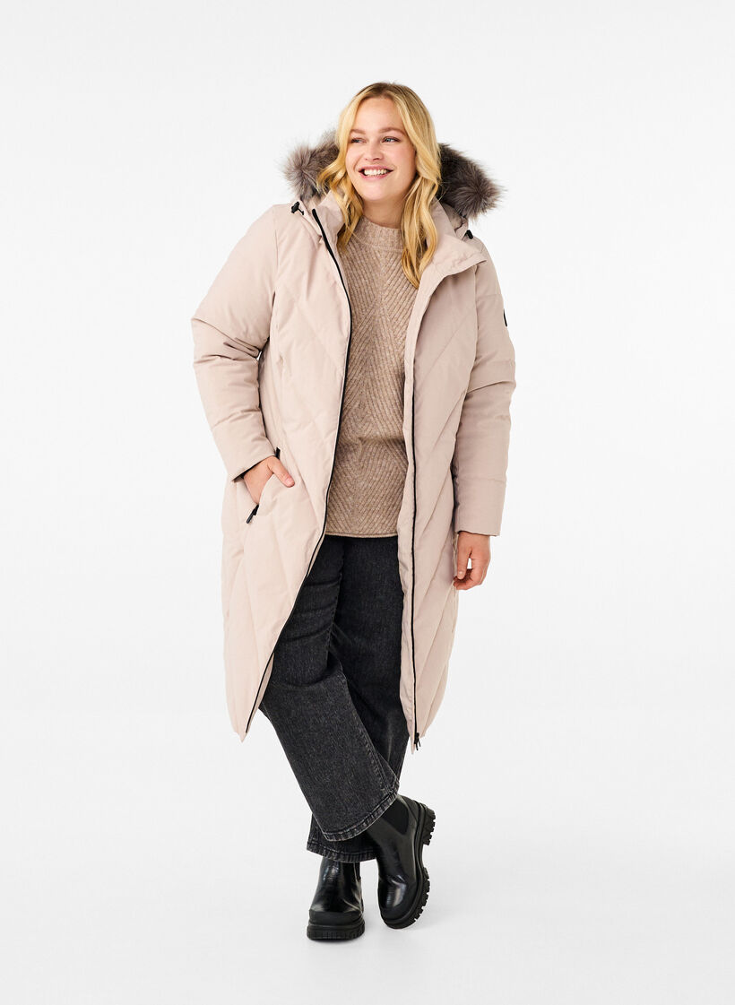 Long manteau d'hiver &agrave; fermeture &agrave; attaches et col en fausse fourrure, Beige, Model image number 1