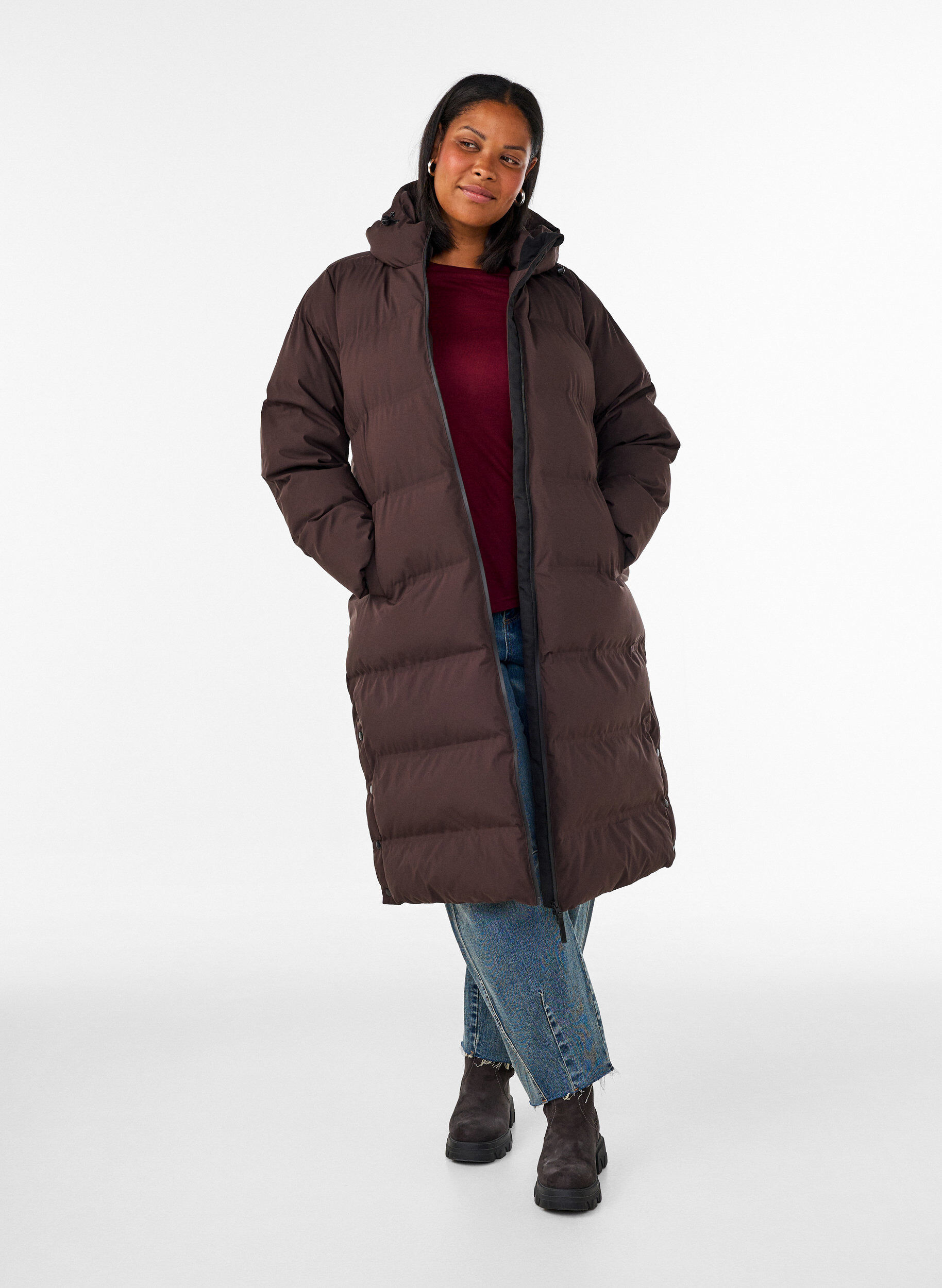 ZizziManteau d'hiver long et matelass&eacute; avec capuche, Marron, Model image number 1