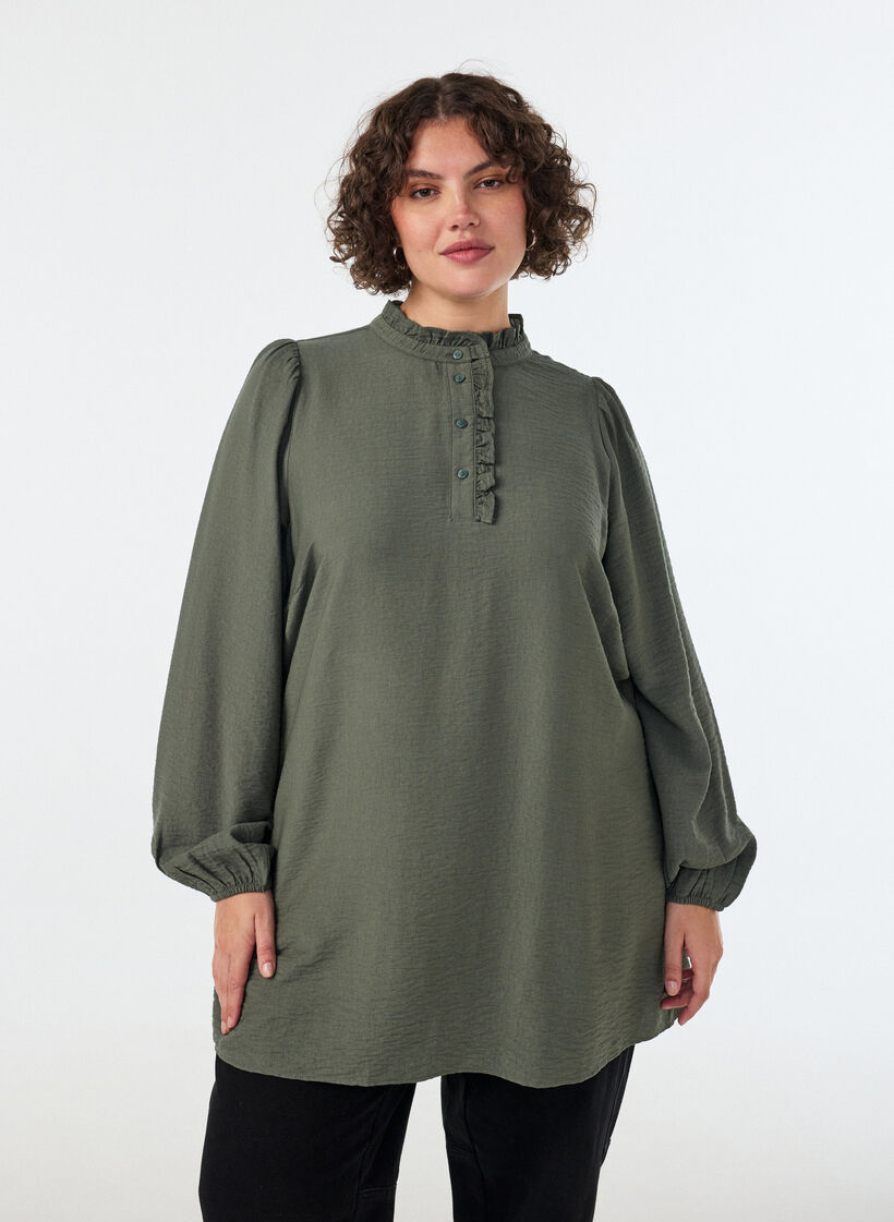 Tunique en viscose avec volants et boutons, Vert, Model image number 0