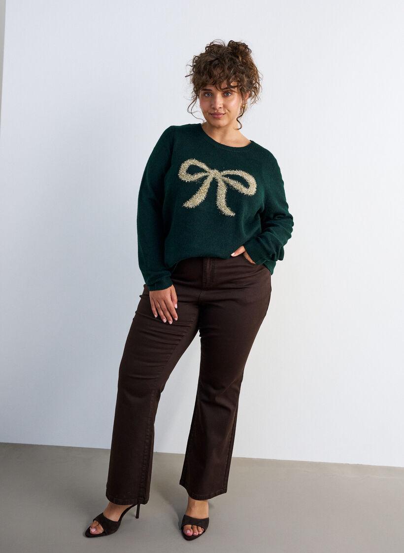 Pull avec n&oelig;ud &agrave; paillettes, Vert fonc&eacute;, Model image number 1
