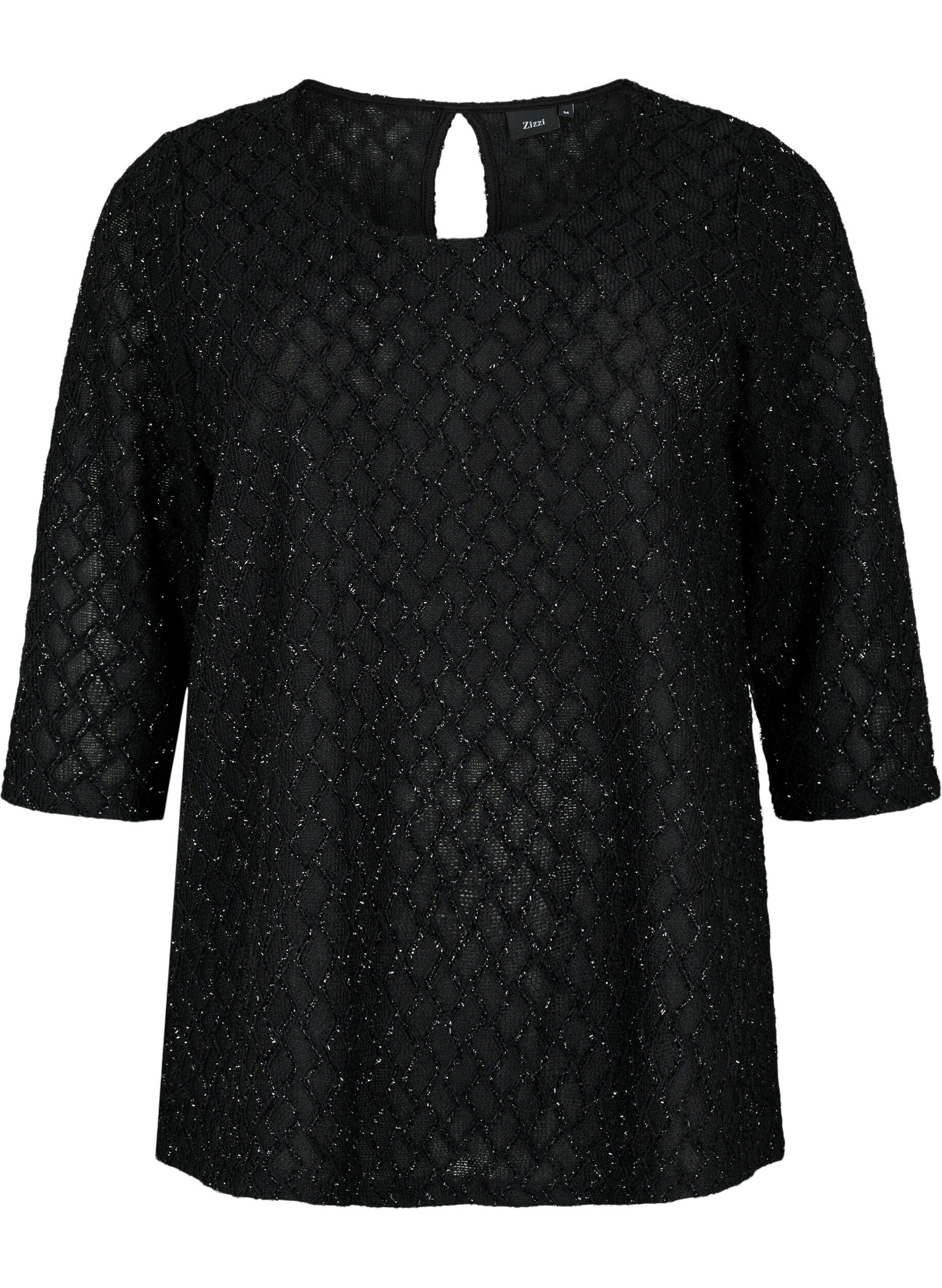 Zizzi Blouse &agrave; motif scintillante avec manches 3/4, Black, Packshot image number 0
