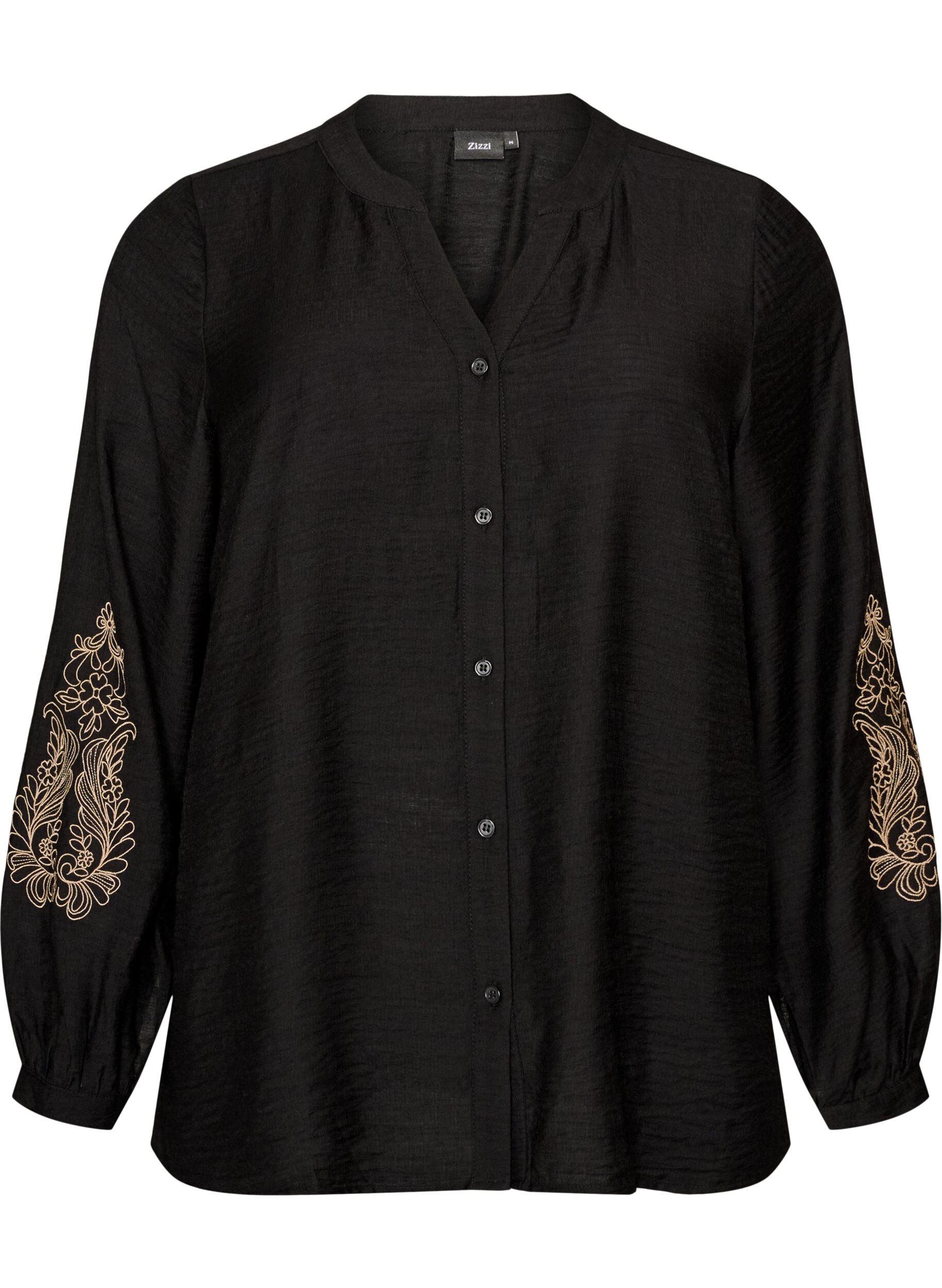 ZizziChemise en viscose avec manches brod&eacute;es, Noir, Packshot image number 0