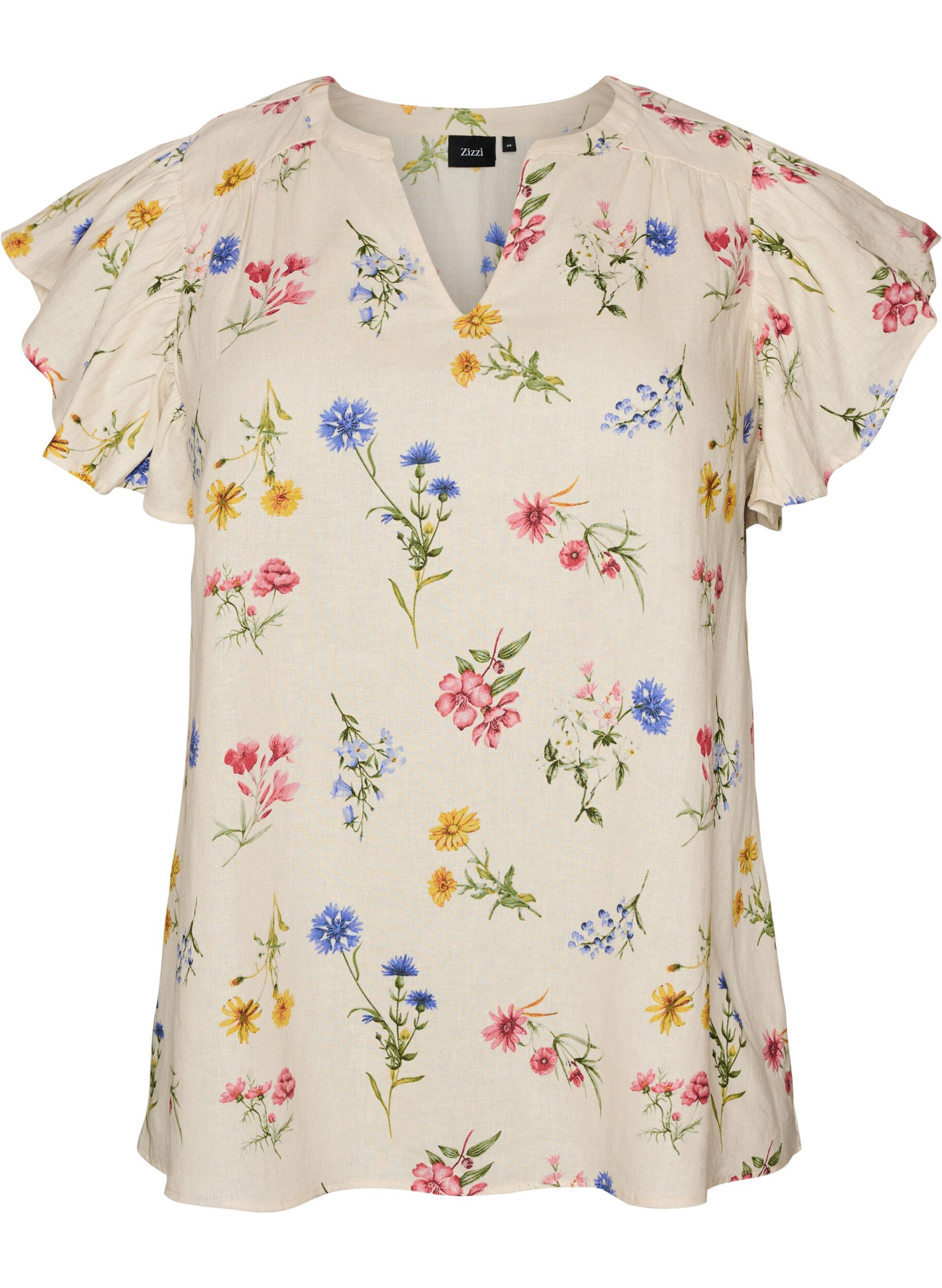 ZizziBlouse en viscose et lin avec manches &agrave; volants, Beige, Packshot image number 0