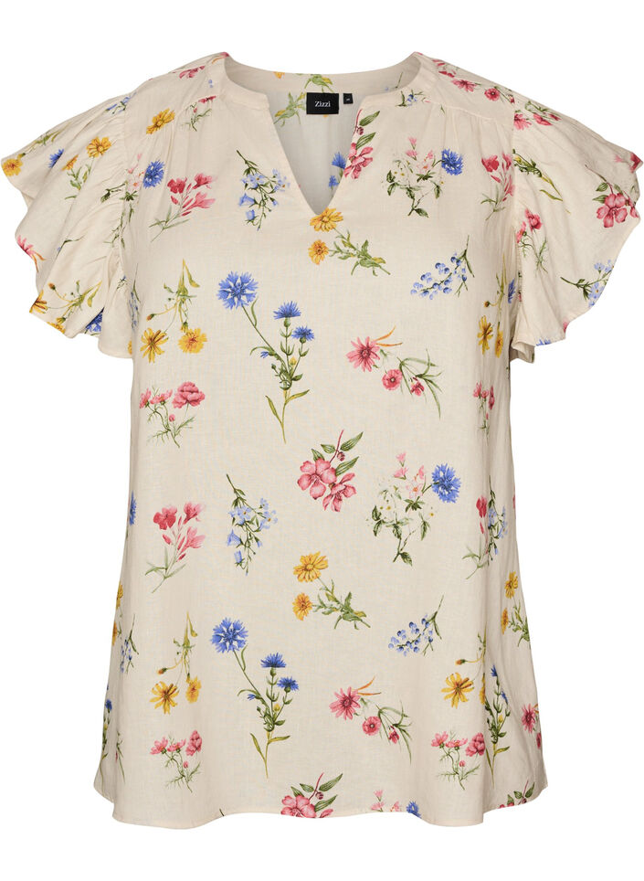 Blouse en viscose et lin avec manches &agrave; volants, Beige, Packshot image number 0