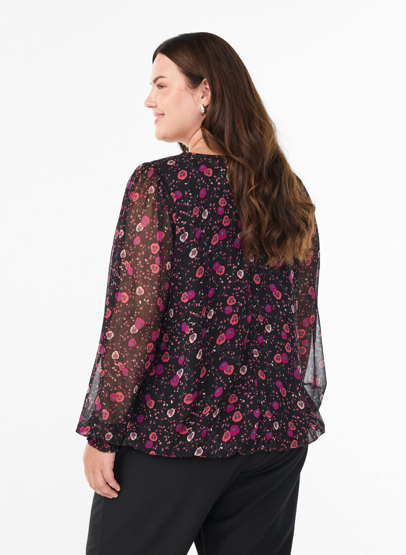 Blouse fleurie en mousseline &agrave; manches transparentes, Noir, Model image number 2