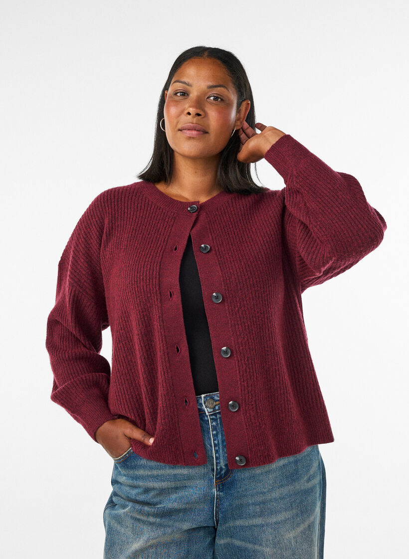 Cardigan en tricot c&ocirc;tel&eacute; avec boutons, Bordeaux, Model image number 0