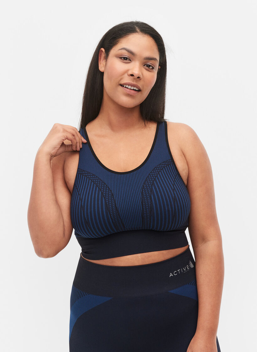  Brassière de sport sans coutures avec rayures, Black w. Blue Depths, Model image number 0