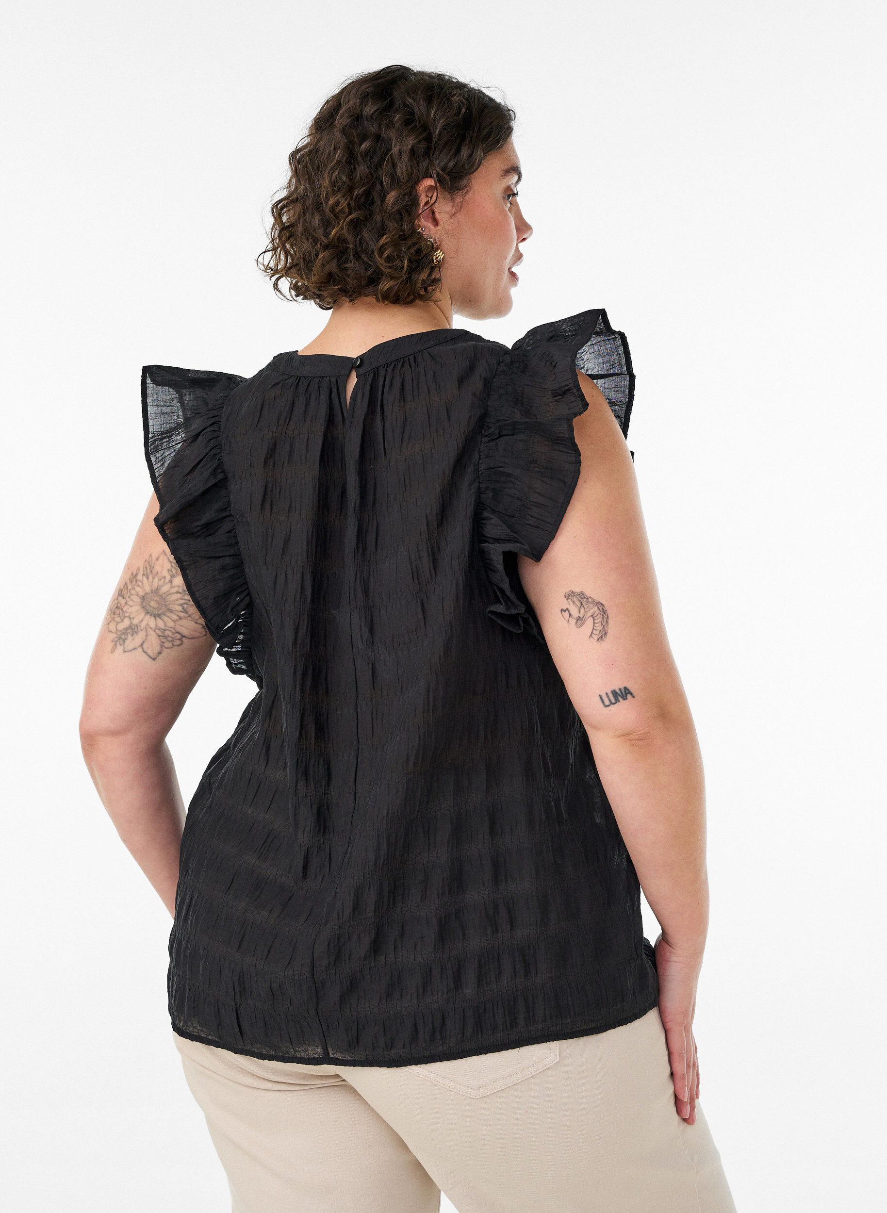ZizziBlouse sans manches textur&eacute;e avec volants, Noir, Model image number 2