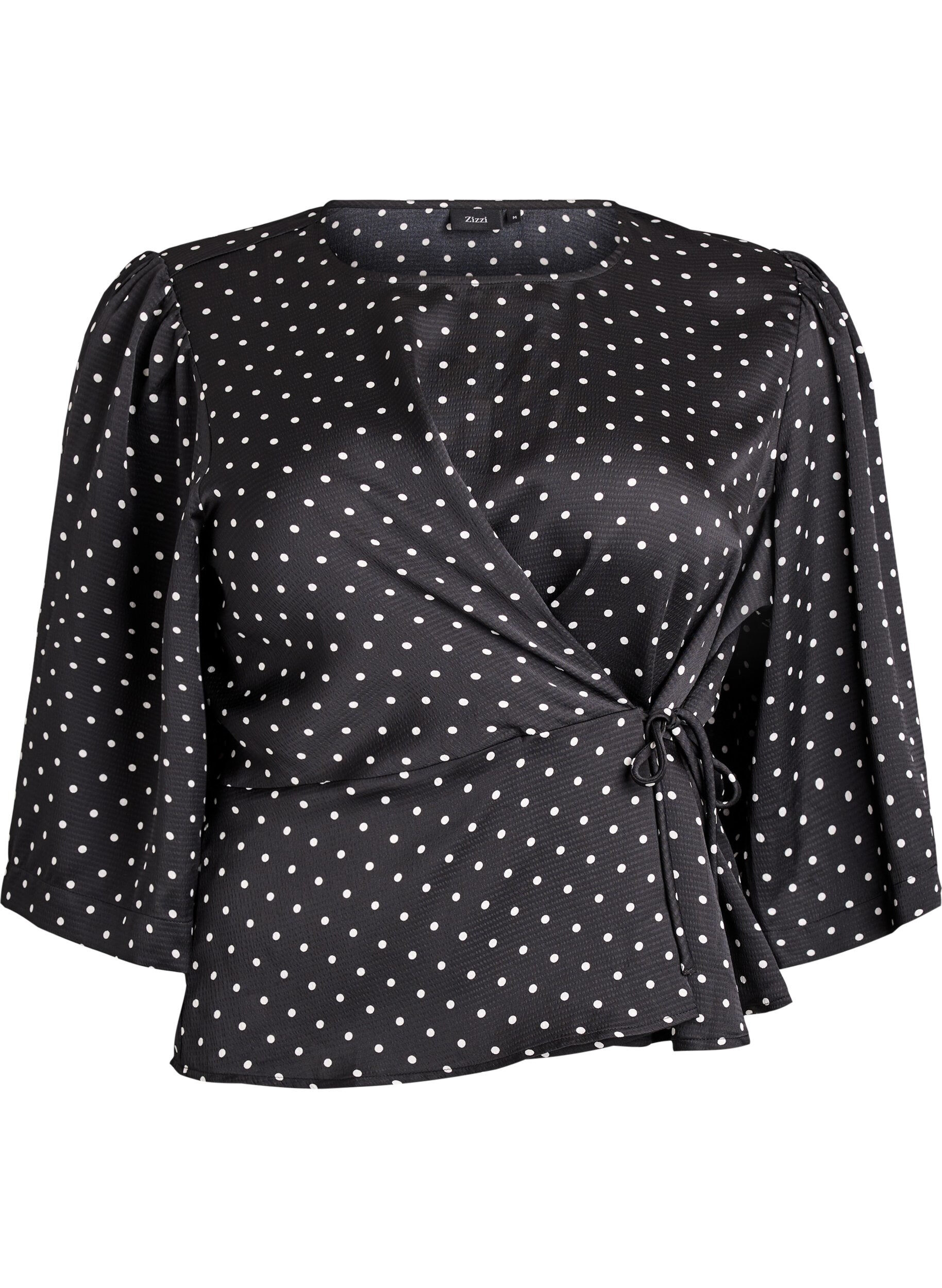 Zizzi Blouse &agrave; pois avec lien &agrave; nouer et manches 3/4, Noir, Packshot image number 0