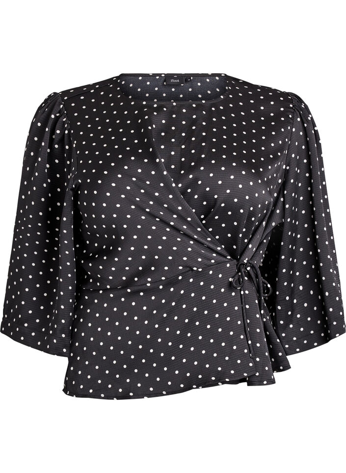 Blouse &agrave; pois avec lien &agrave; nouer et manches 3/4, Noir, Packshot image number 0