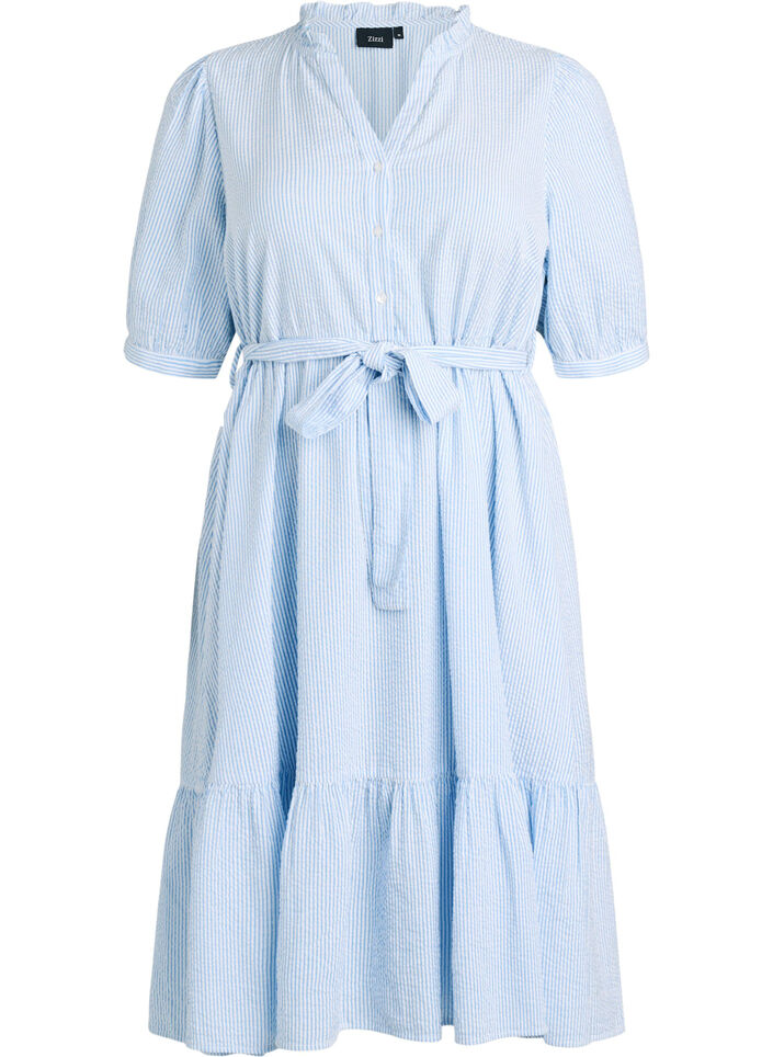 Robe midi &agrave; rayures en coton avec ceinture &agrave; nouer, Blanc, Packshot image number 0