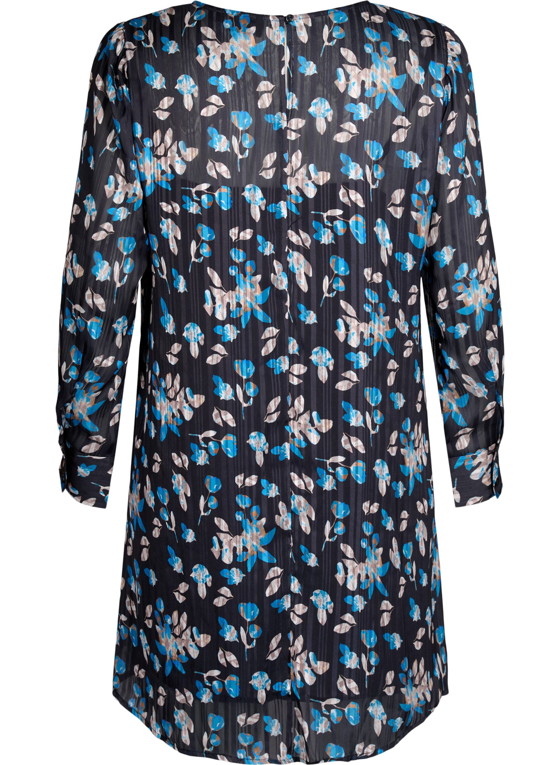 Zizzi Robe courte imprim&eacute;e &agrave; col rond, Black Blue Fl. AOP, Packshot image number 1