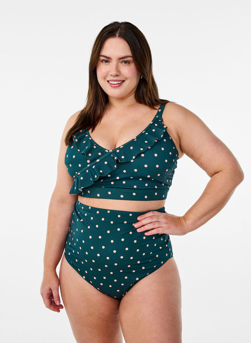 Haut de bikini &agrave; pois avec volants, Vert fonc&eacute;, Model image number 1