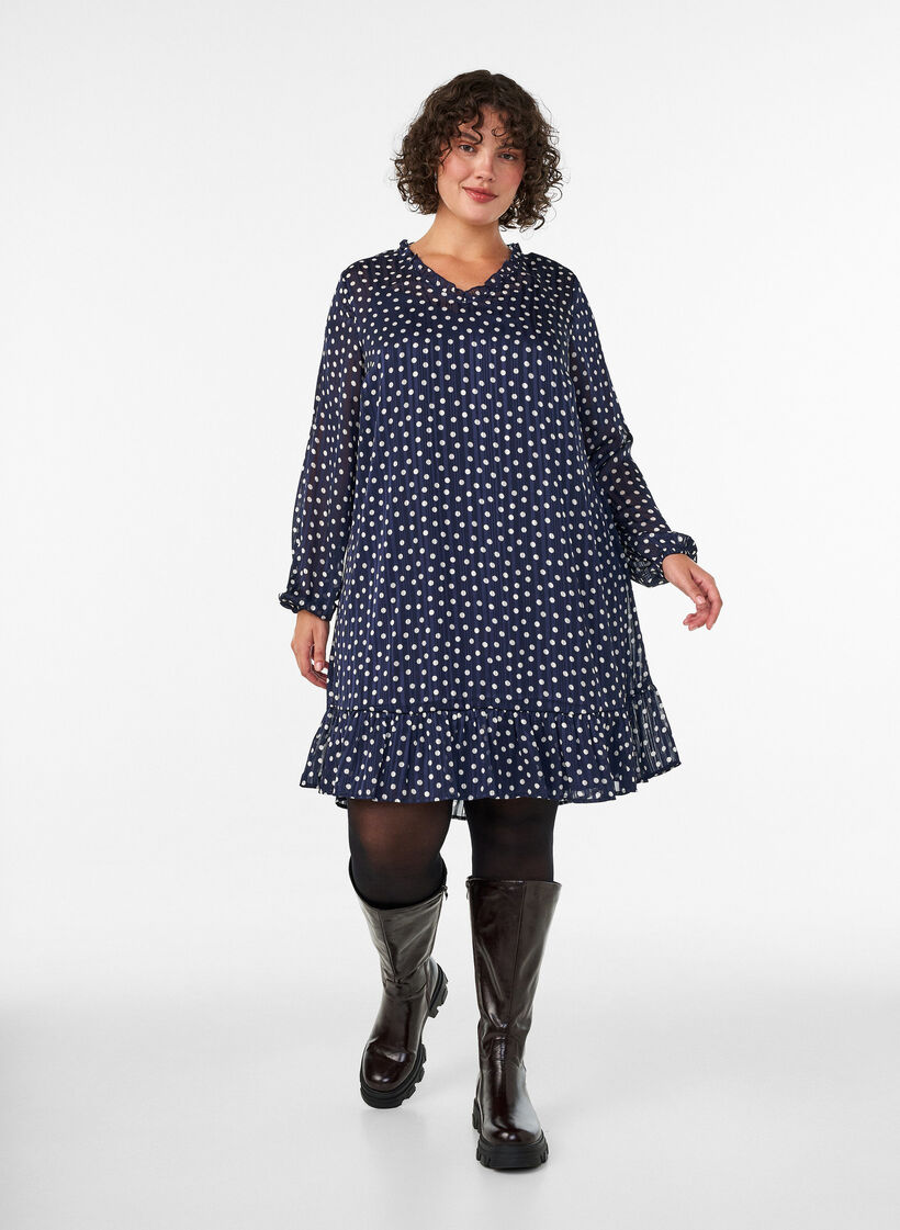 Robe &agrave; motifs avec volants et manches longues, Bleu, Model image number 1