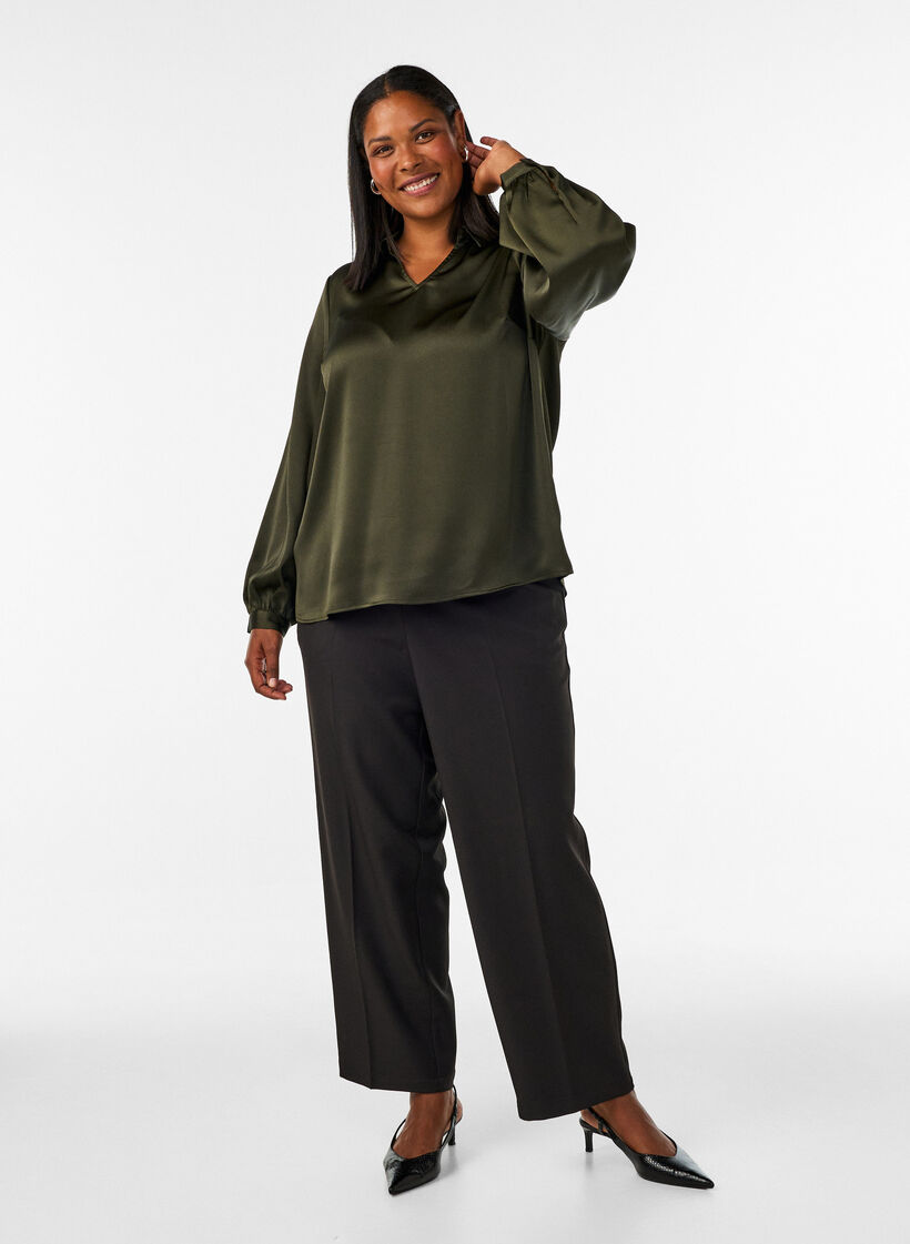 Blouse avec col de chemise et col en V, Vert fonc&eacute;, Model image number 1