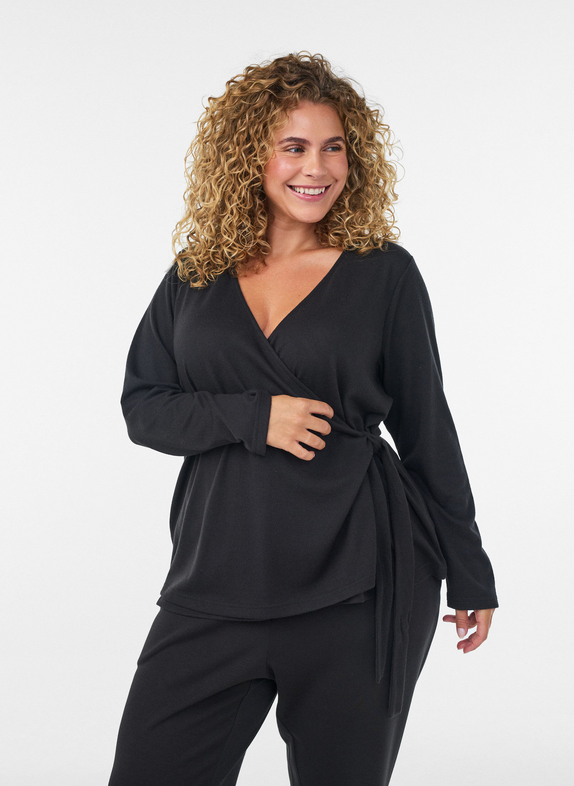 ZizziBlouse portefeuille en jersey avec lien &agrave; nouer, Noir, Model image number 0