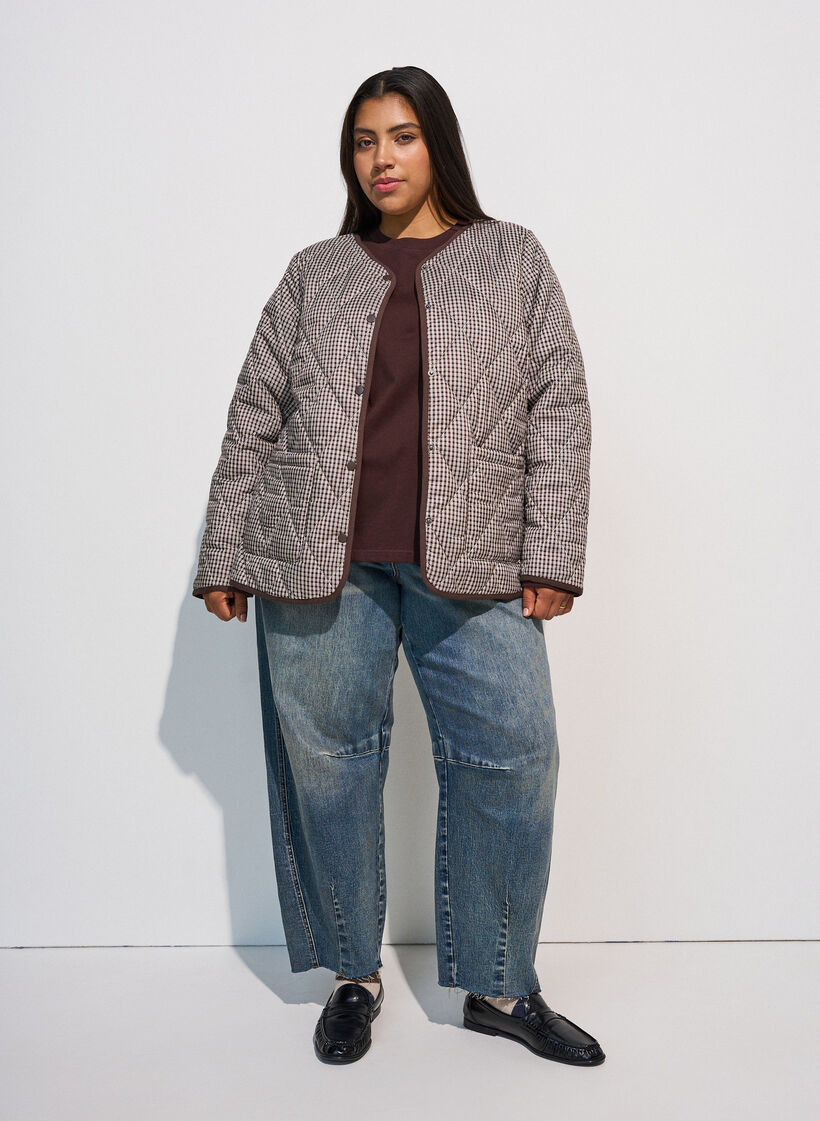 Veste matelass&eacute;e &agrave; petits carreaux et finitions contrastantes, Marron, Model image number 1