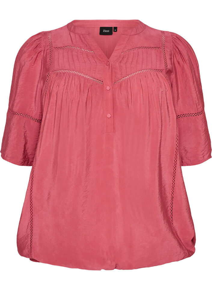 Blouse en viscose avec nervures et effet ballon, Rose, Packshot image number 0
