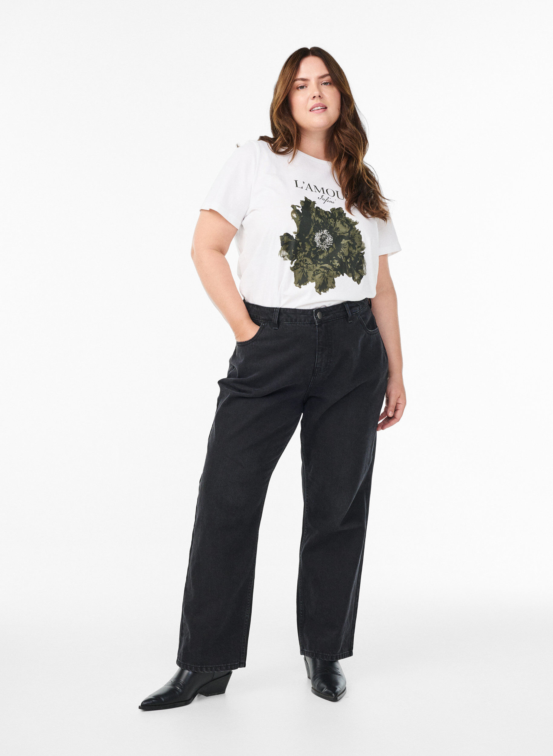 Zizzi T-shirt en coton avec imprim&eacute; sur le devant, Blanc, Model image number 1