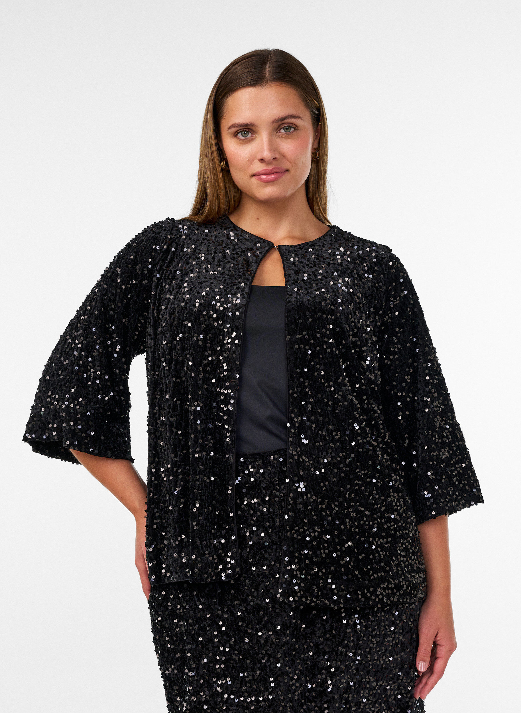 ZizziCardigan avec sequins et manches 3/4, Noir, Model image number 0
