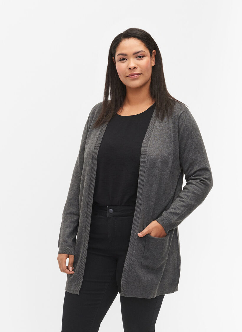 Long cardigan tricot&eacute; dans un m&eacute;lange de viscose, Gris anthracite, Model image number 0