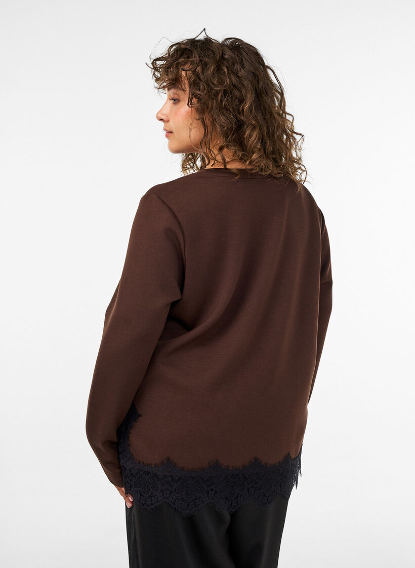 Blouse en jersey avec dentelle, Marron, Model image number 2
