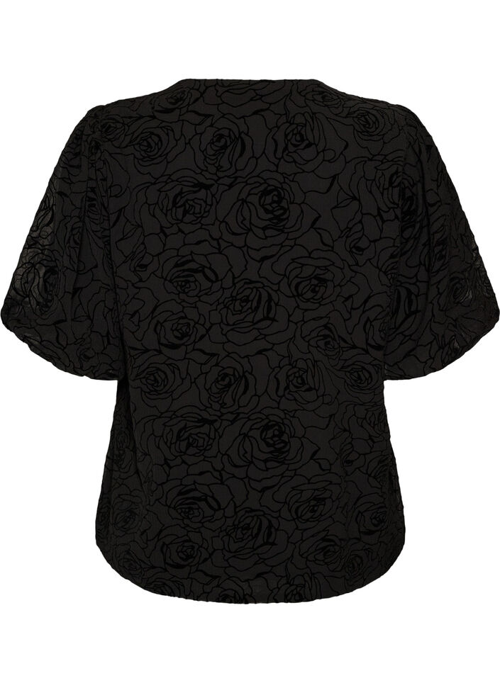 Blouse avec motif floral et manches ballon, Noir, Packshot image number 1