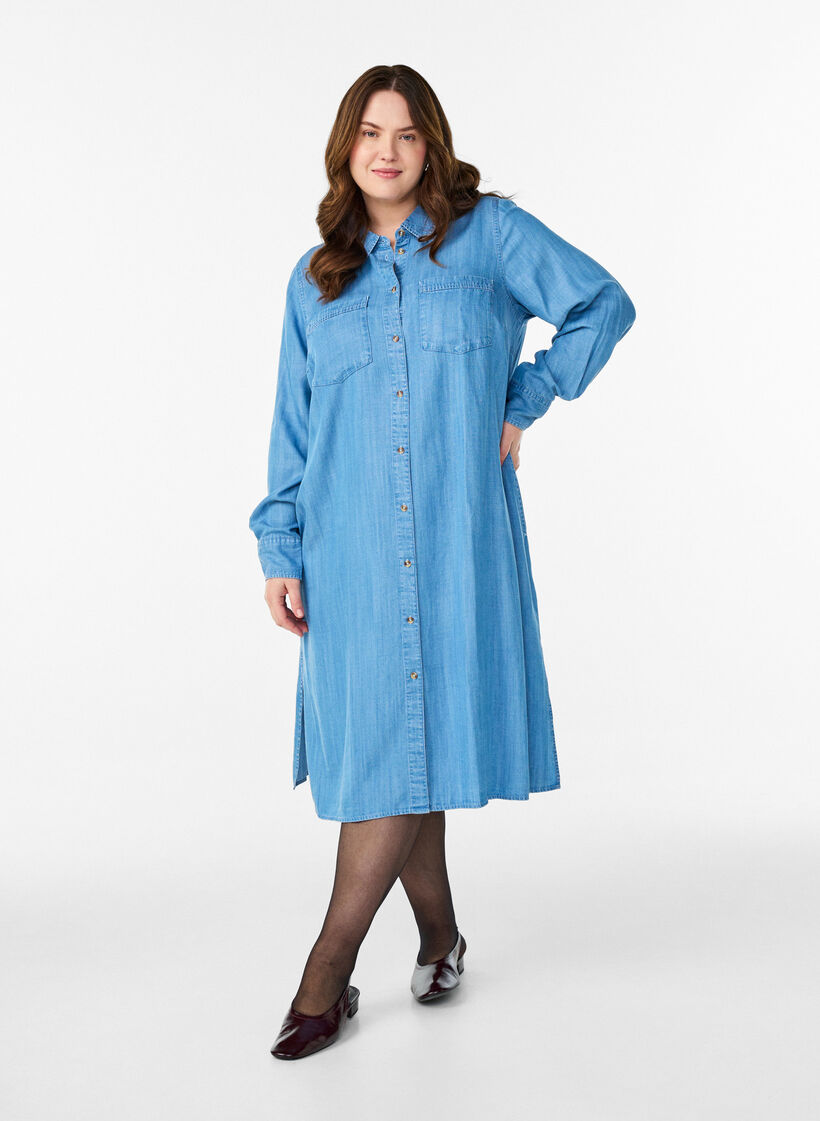 Robe chemise midi en denim lyocell doux, Bleu Clair, Model image number 0