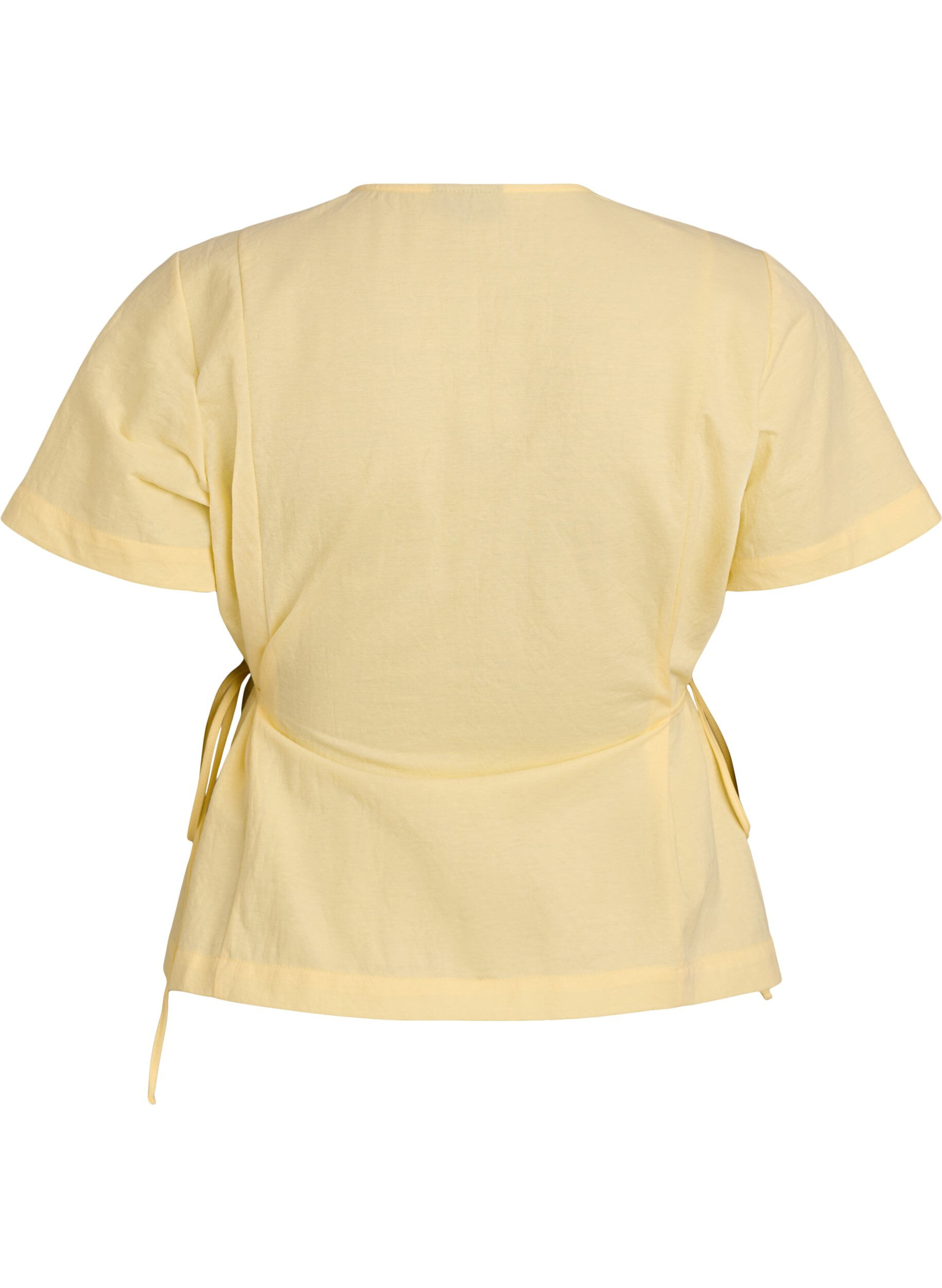 ZizziBlouse en m&eacute;lange de coton avec un col en V et un lien &agrave; nouer, Jaune, Packshot image number 1