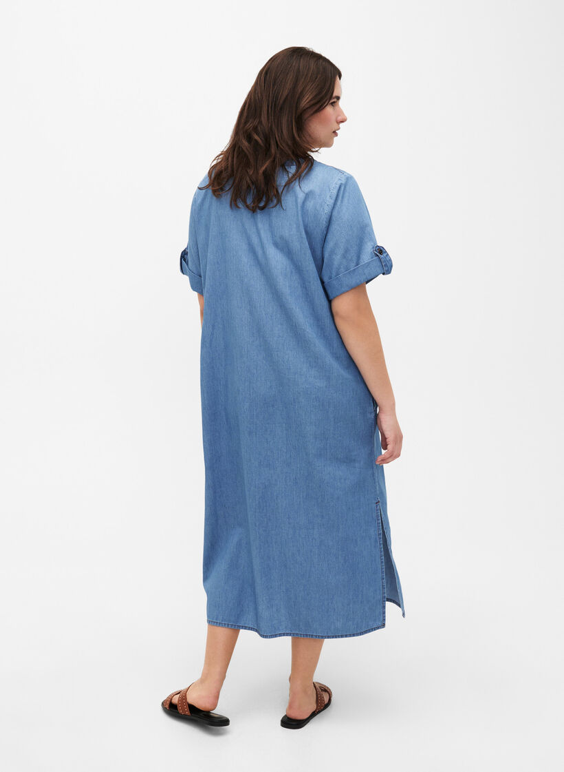 Robe en jean avec fente et manches courtes, Blue denim, Model image number 1