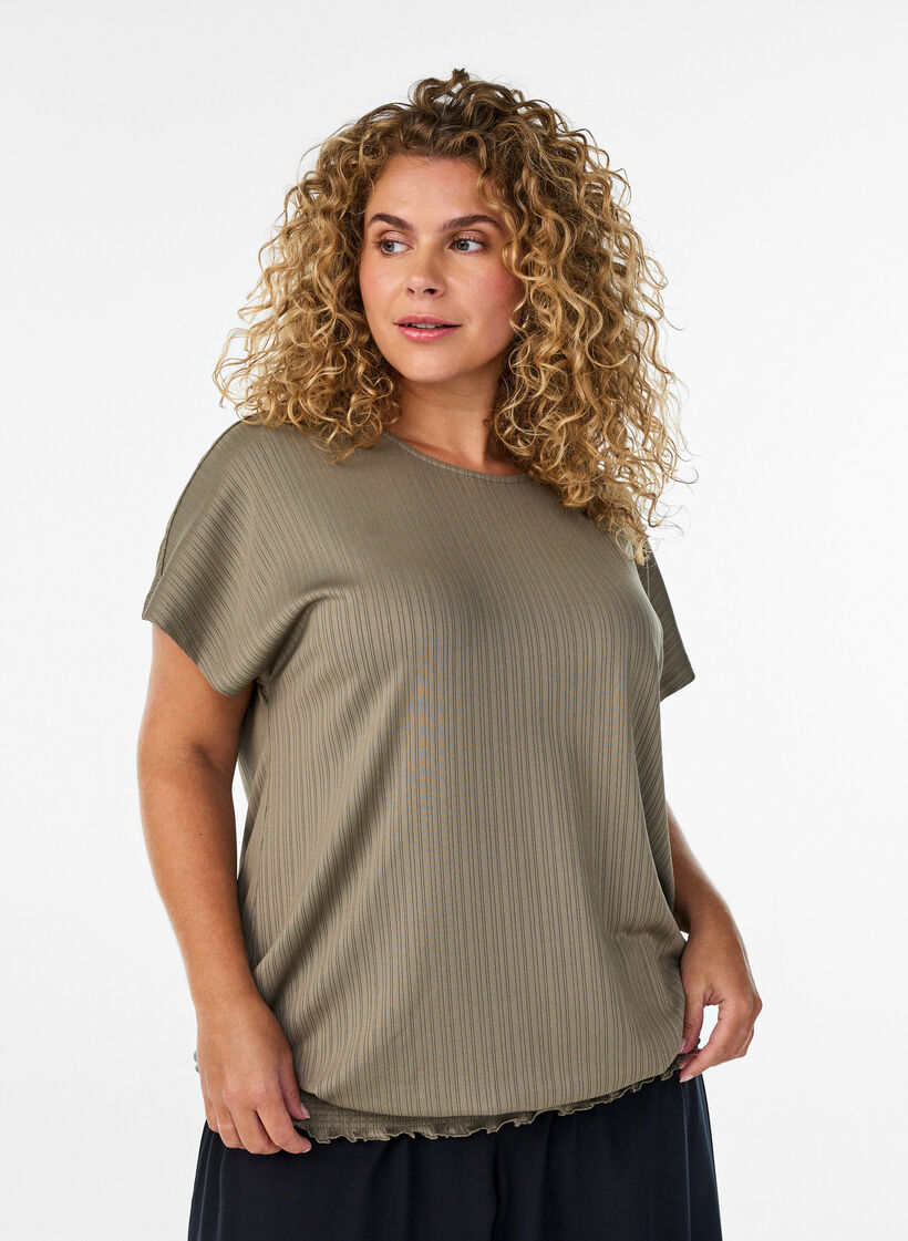 Blouse en jersey avec rayures textur&eacute;es et ourlet smock&eacute;, Marron, Model image number 0
