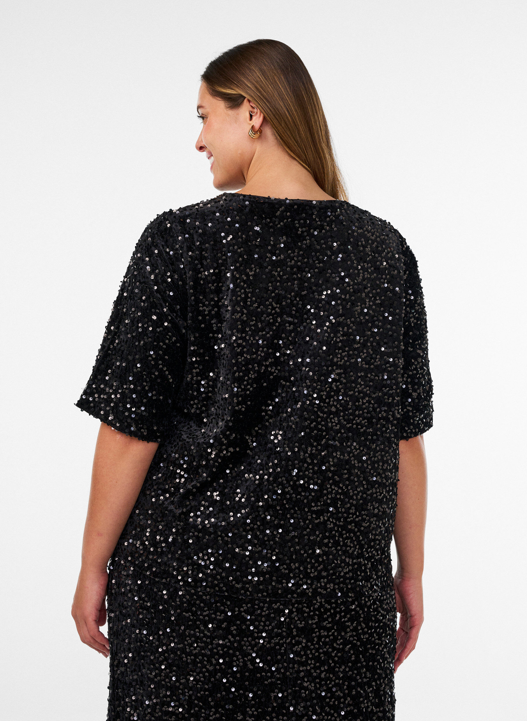 ZizziBlouse en sequins avec manches au coude, Noir, Model image number 2