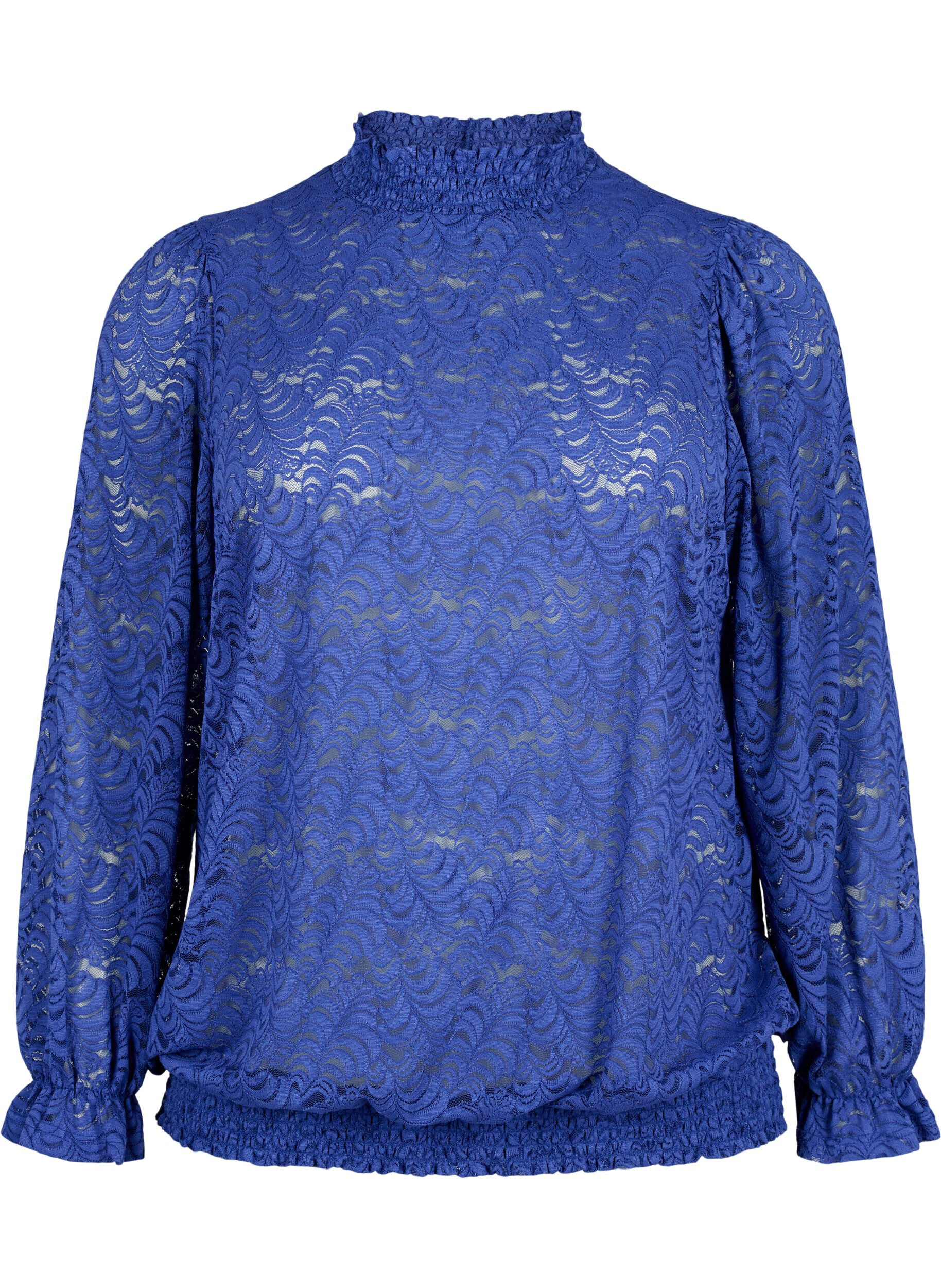 Zizzi Blouse &agrave; manches longues en dentelle avec smocks, Deep Ultramarine, Packshot image number 0