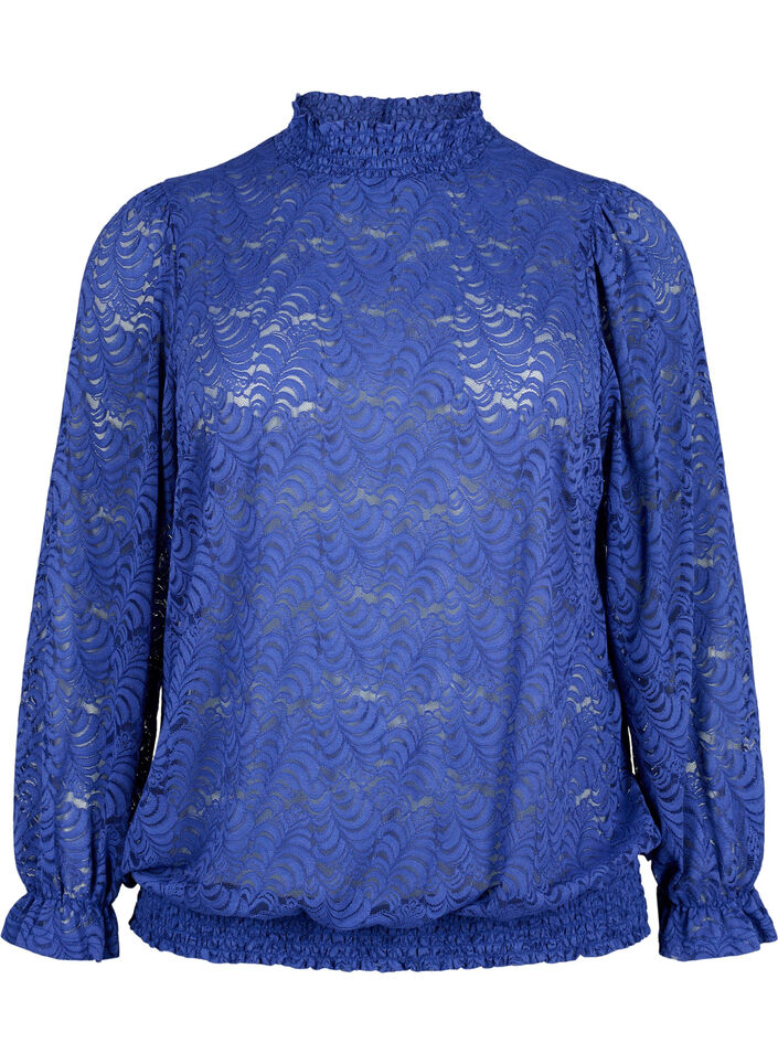 Blouse à manches longues en dentelle avec smocks, Deep Ultramarine, Packshot image number 0
