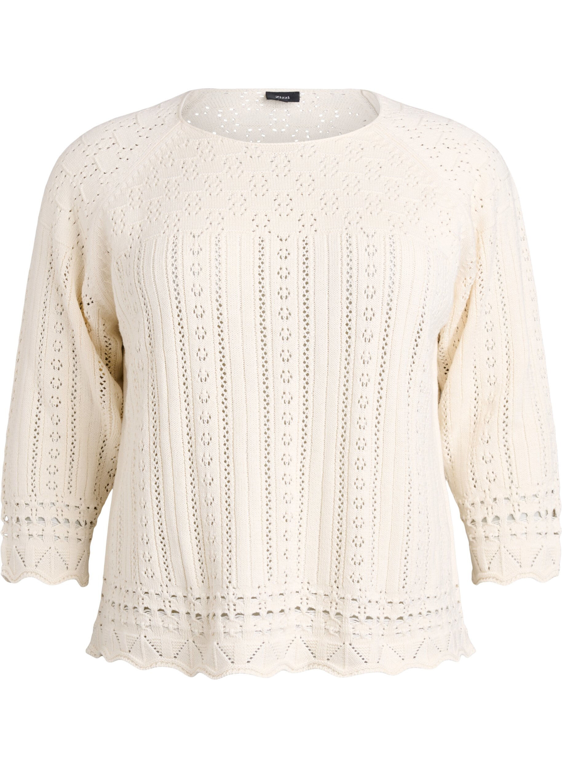 Zizzi Top en maille avec broderie eyelet et manches 3/4, Beige, Packshot image number 0