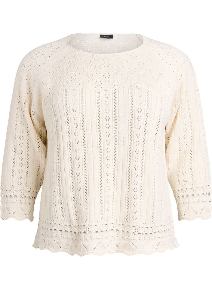 Top en maille avec broderie eyelet et manches 3/4, Beige, Packshot image number 0